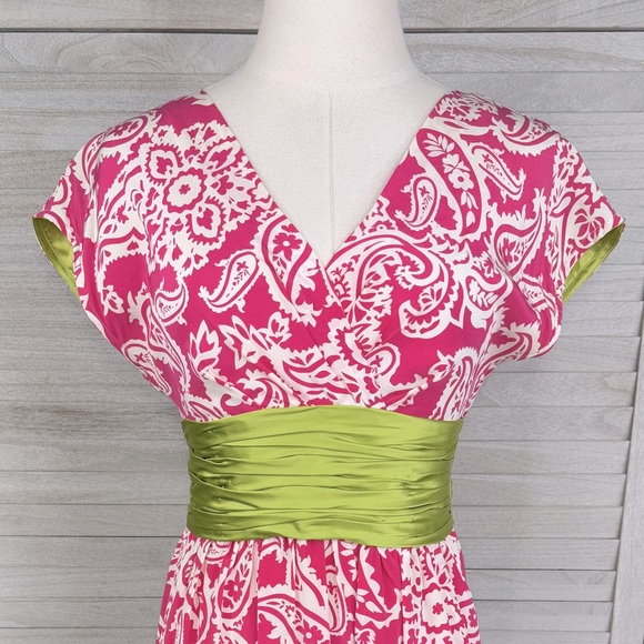 DONNA MORGAN Silk Midi Dress Pink/White Paisley Print with Green Accents-2 - Picture 2 of 4